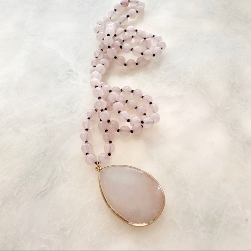 Rose Quartz Pendant and Knotted Bead Necklace